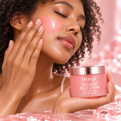 Woman smoothing pink jelly cream onto her cheek
