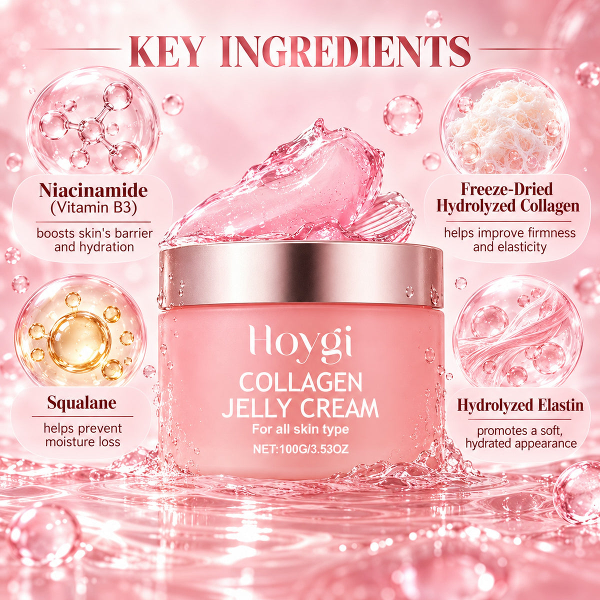 Key ingredients: niacinamide, freeze-dried hydrolyzed collagen, squalane and hydrolyzed elastin
