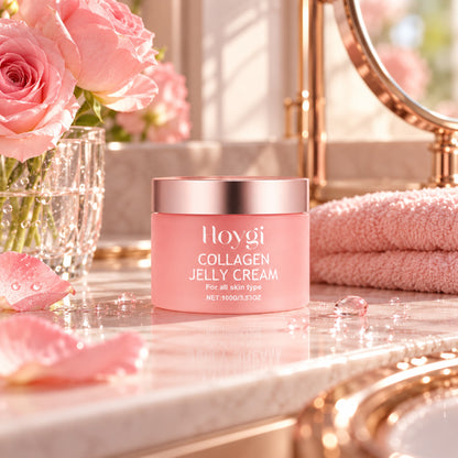 Collagen jelly cream jar on a marble vanity with pink roses