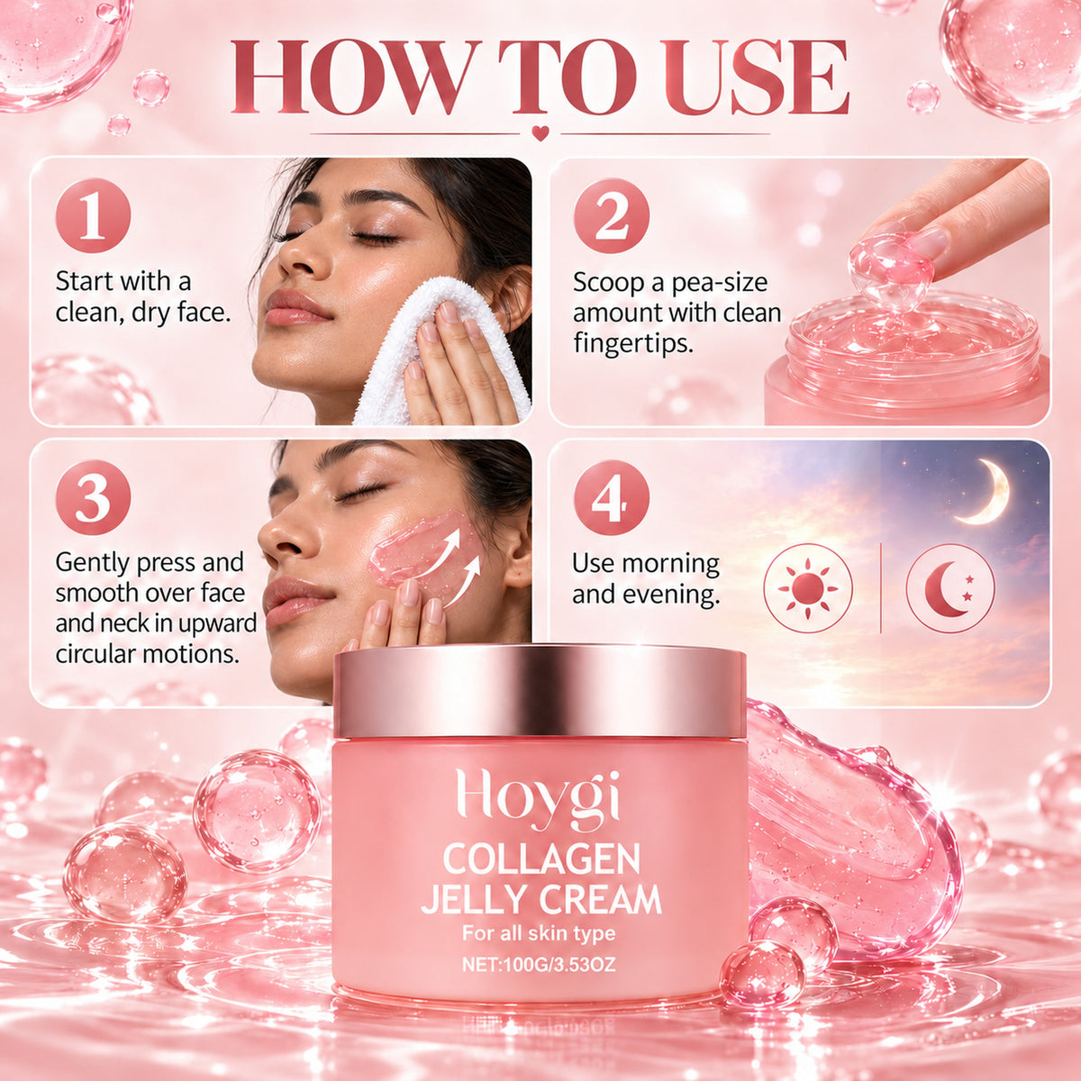 How to use: start with a clean face, scoop a pea-size amount, smooth over face and neck, use morning and evening