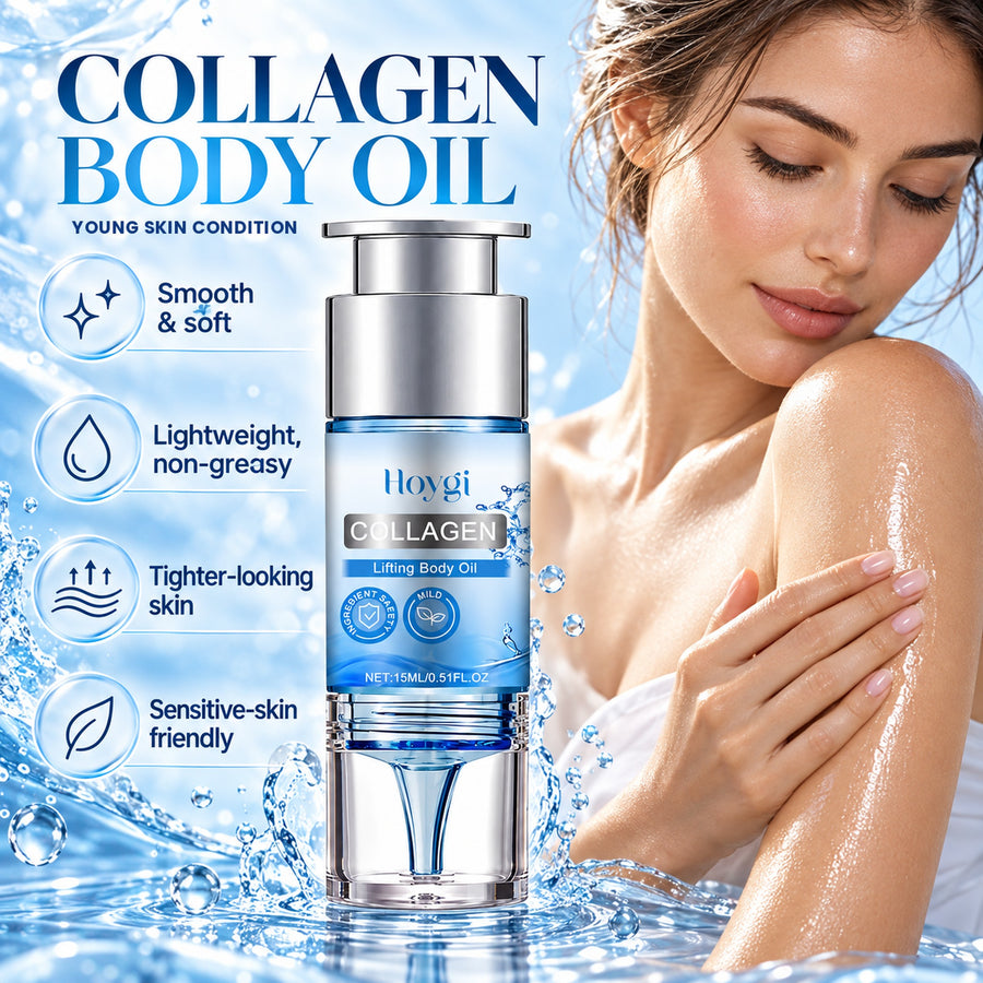 Collagen body oil benefits: smooth and soft, lightweight non-greasy, tighter-looking skin, sensitive-skin friendly