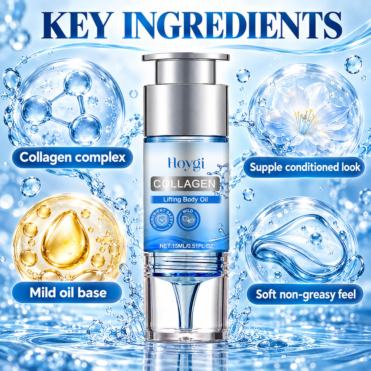 Key ingredients of the collagen body oil: collagen complex and mild oil base
