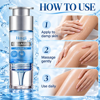 How to use the collagen body oil: apply to damp skin, massage gently, use daily