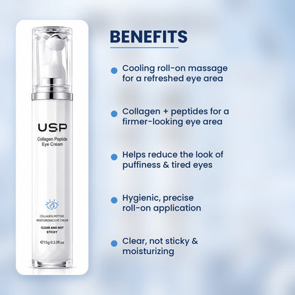 Benefits: cooling roll-on massage, collagen and peptides for a firmer-looking eye area, helps reduce the look of puffiness, hygienic application, clear and not sticky
