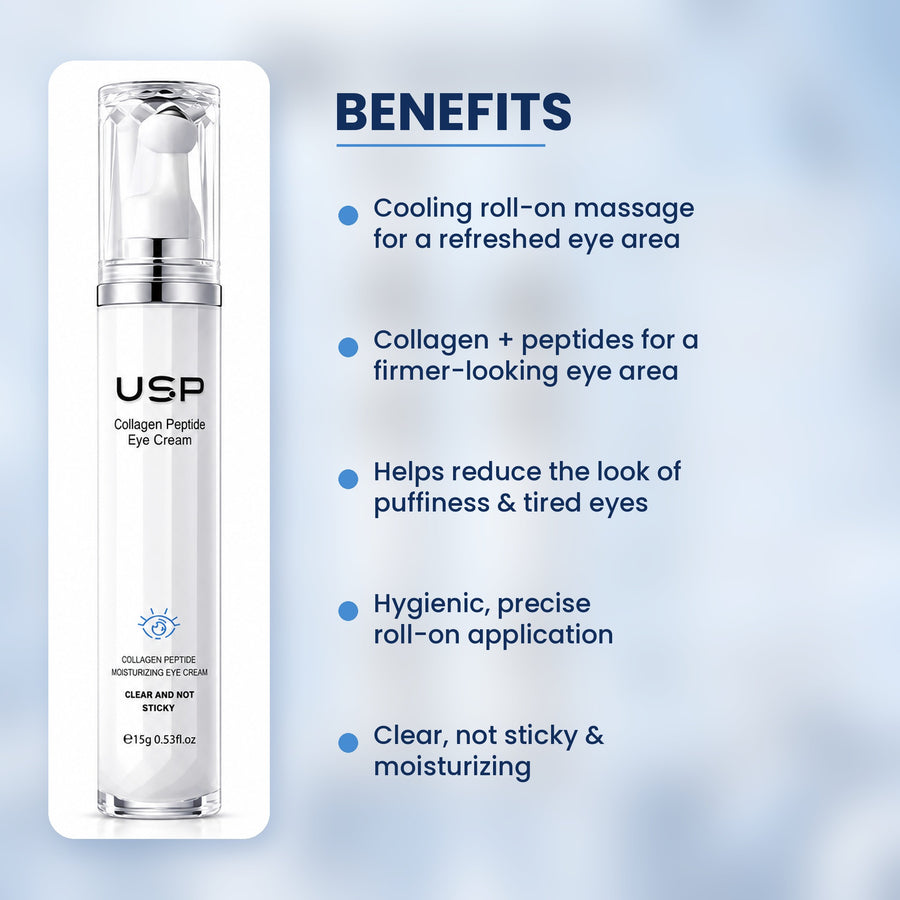 Benefits: cooling roll-on massage, collagen and peptides for a firmer-looking eye area, helps reduce the look of puffiness, hygienic application, clear and not sticky