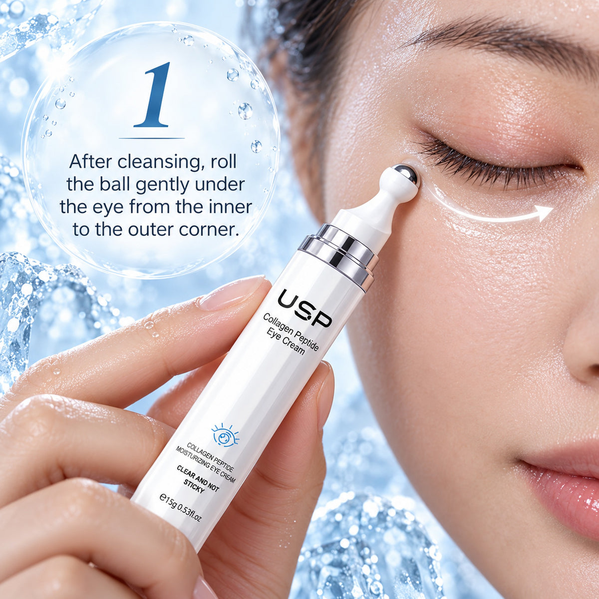 Step 1: roll the ball gently under the eye from the inner to the outer corner