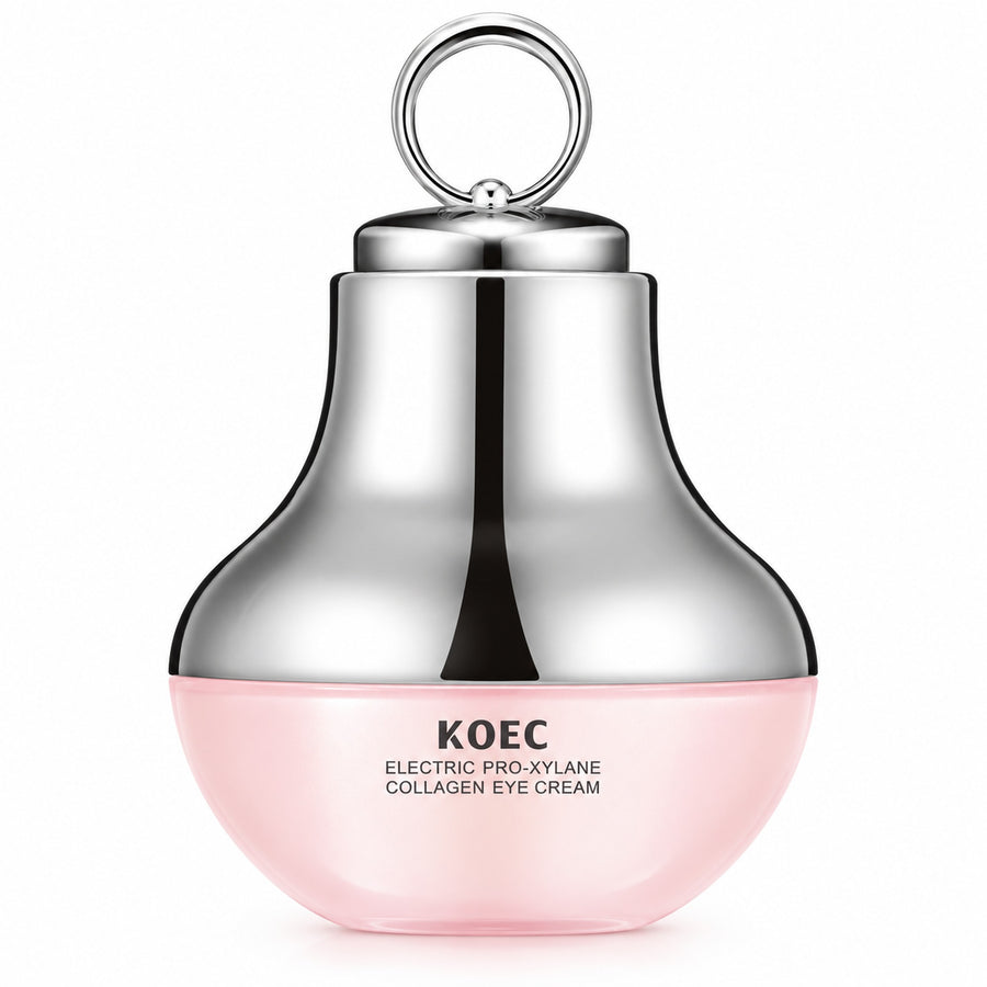 KOEC Electric Pro-Xylane Collagen Eye Cream jar with chrome cap alone on a white background