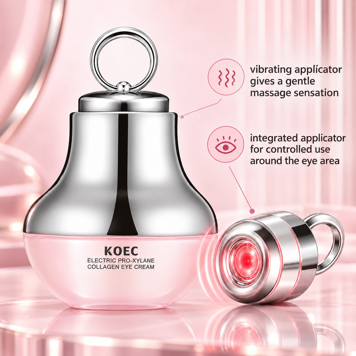 Vibrating massage applicator with soft red light next to the eye cream jar
