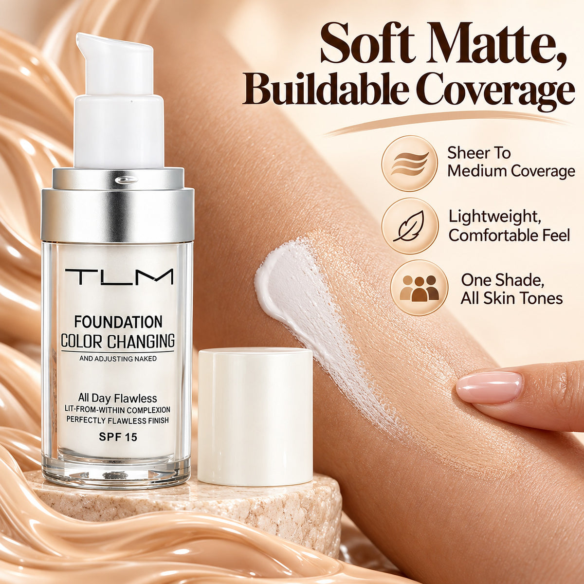 Soft matte, buildable coverage – swatch of the color-adapting foundation on skin, sheer to medium, one shade for all skin tones