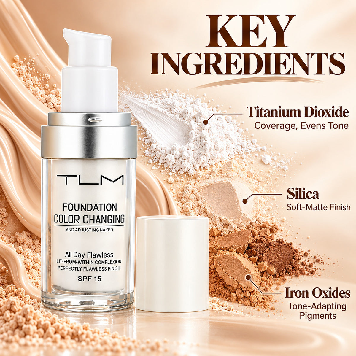 Key ingredients of the color-adapting foundation: titanium dioxide, silica and tone-adapting iron oxides
