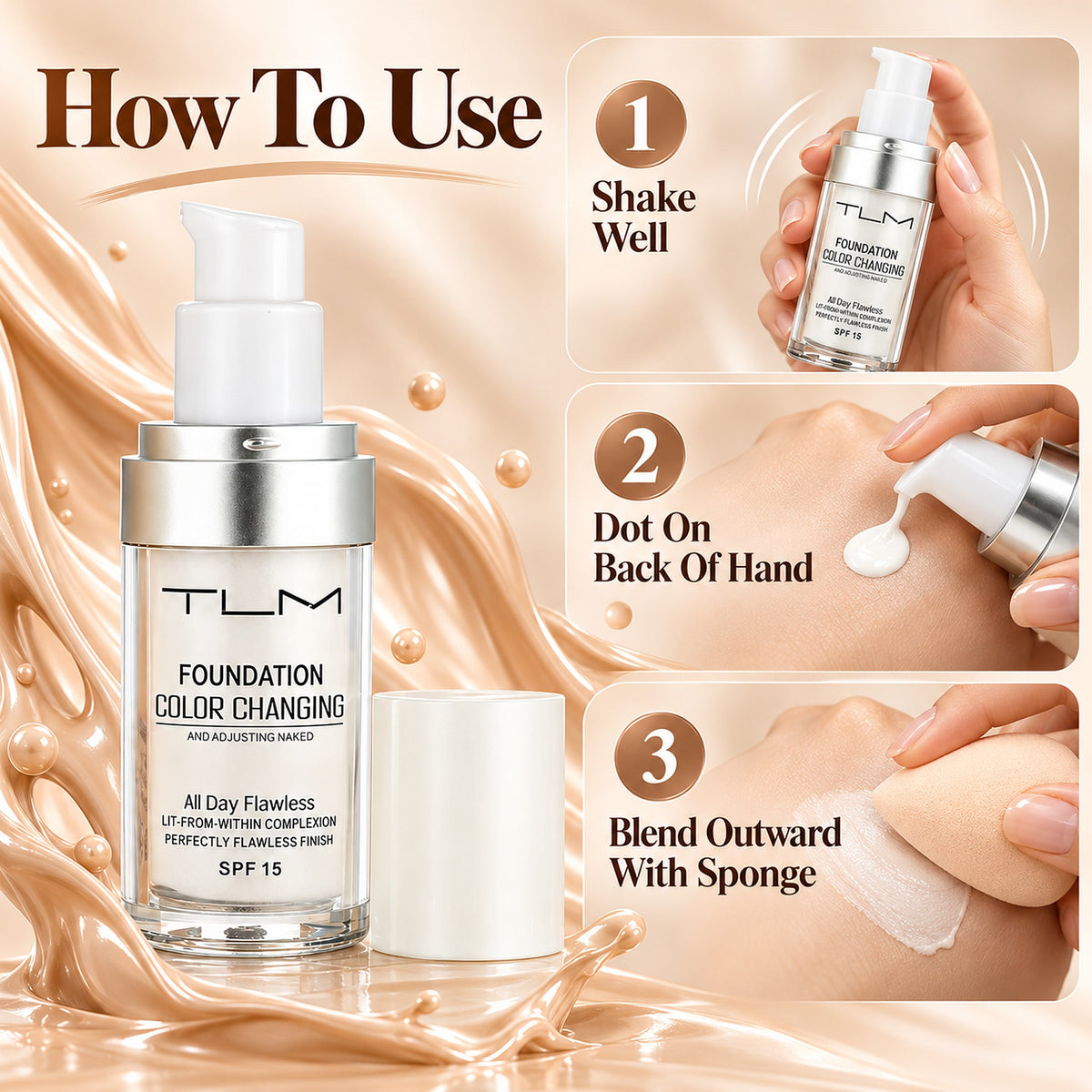 How to use the color-adapting foundation: shake well, dot on back of hand, blend outward with a sponge