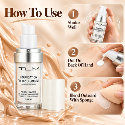 How to use the color-adapting foundation: shake well, dot on back of hand, blend outward with a sponge