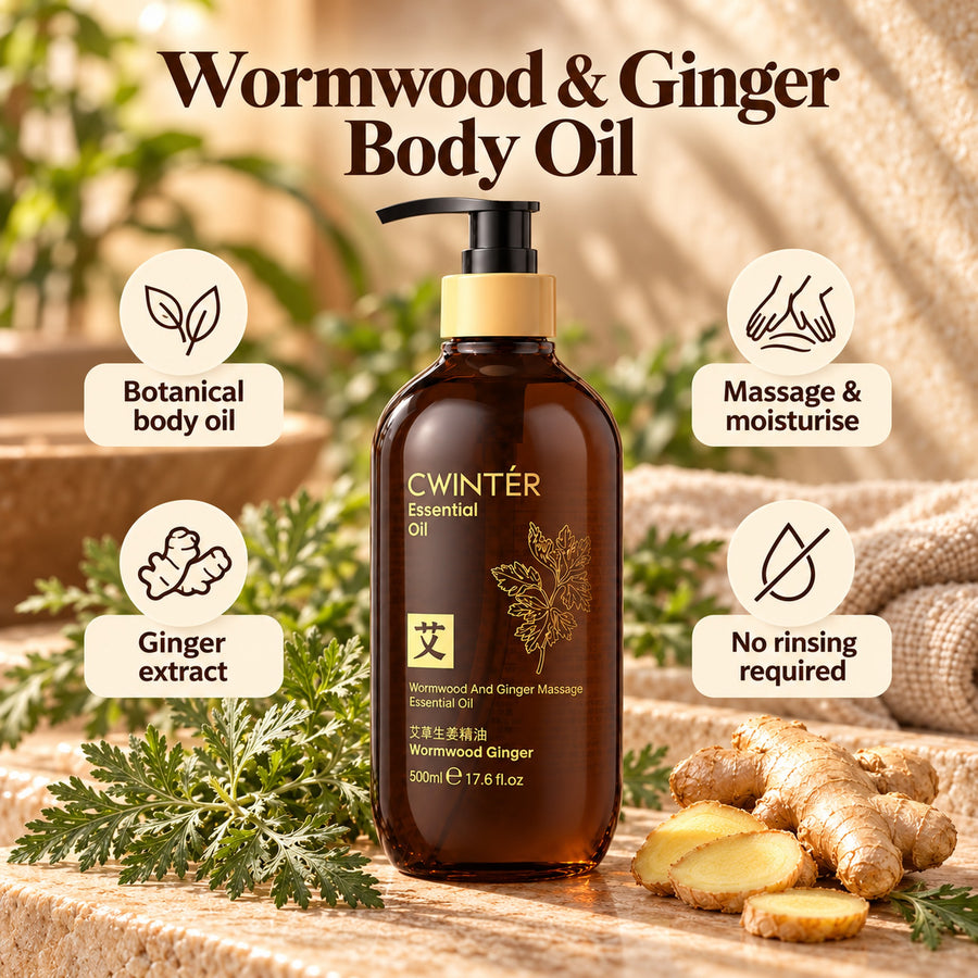 CWINTÉR Wormwood & Ginger body oil 500ml – botanical body oil, ginger extract, massage & moisturise, no rinsing required