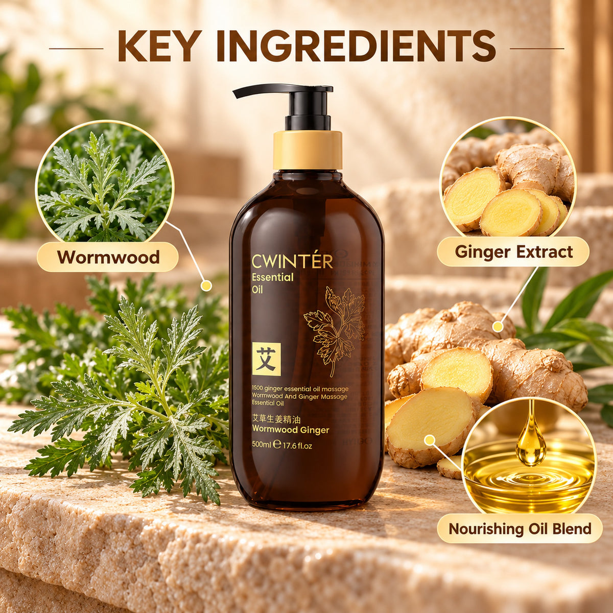 Key ingredients of the CWINTÉR body oil: wormwood, ginger extract and a nourishing oil blend