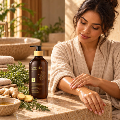 Woman in a robe massaging Wormwood Ginger body oil into her forearm at a spa counter
