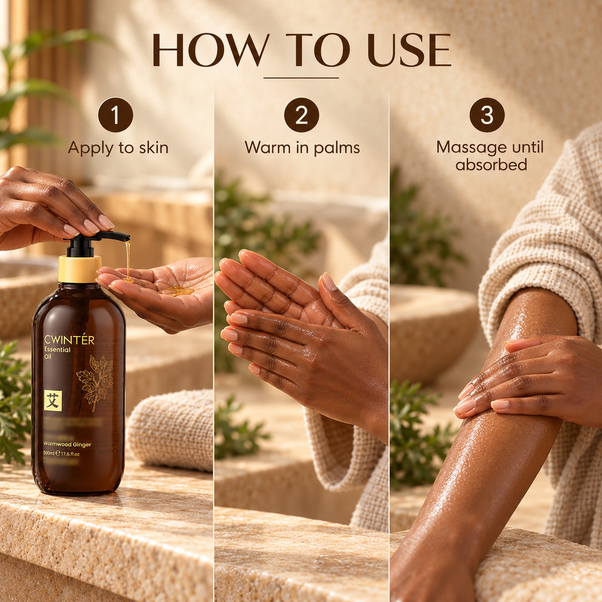 How to use the body massage oil in 3 steps: apply to skin, warm in palms, massage until absorbed