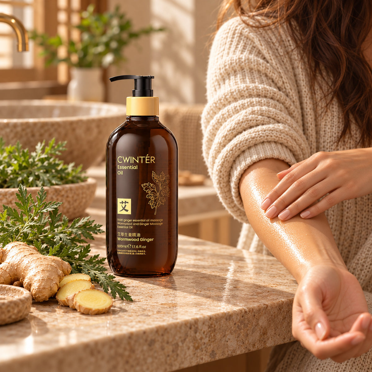 Woman smoothing CWINTÉR wormwood and ginger oil onto her arm in a warm bathroom