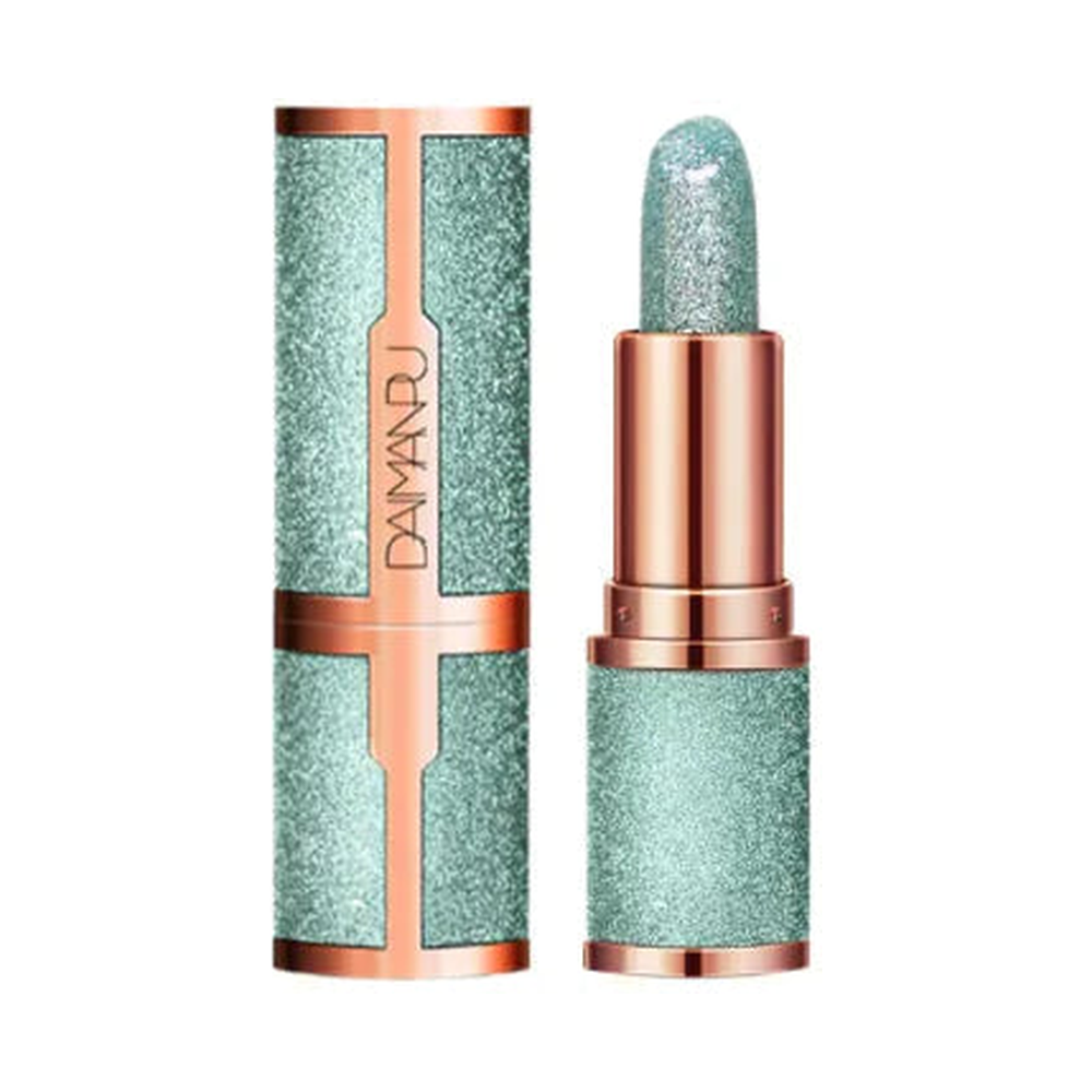 DAIMANU Starry Shimmer Jelly Lipstick in Green, tube and bullet centered on pure white