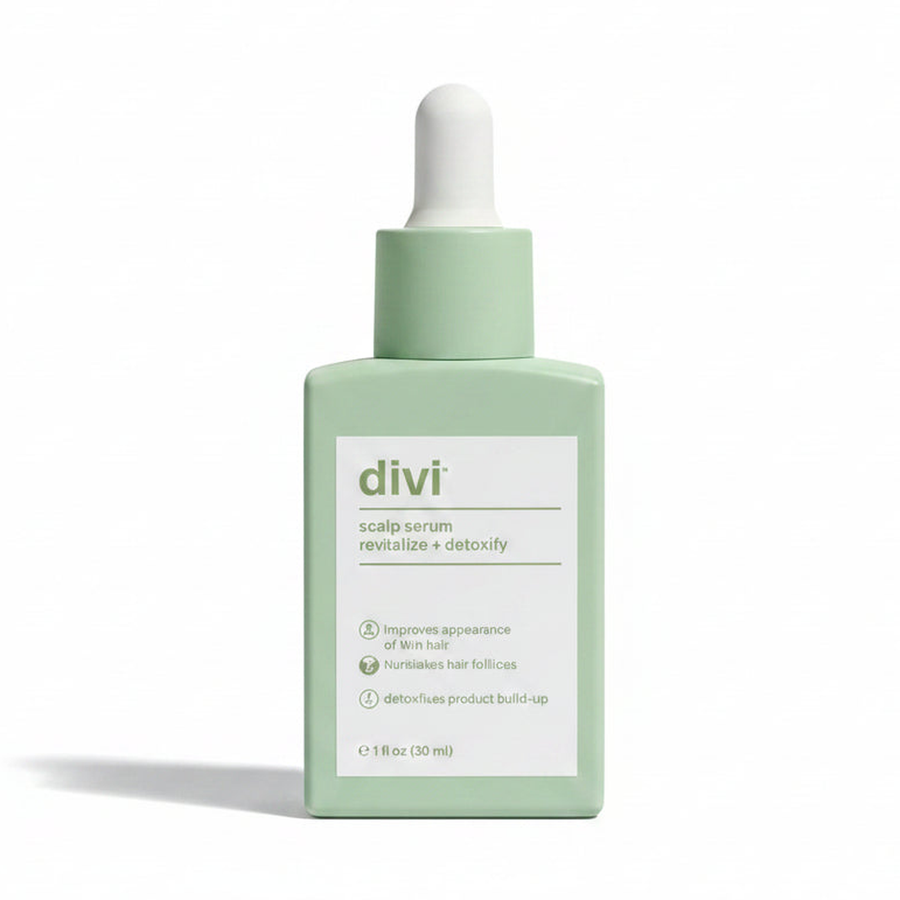 divi scalp serum 1 fl oz (30 ml) bottle with dropper cap on a pure white background