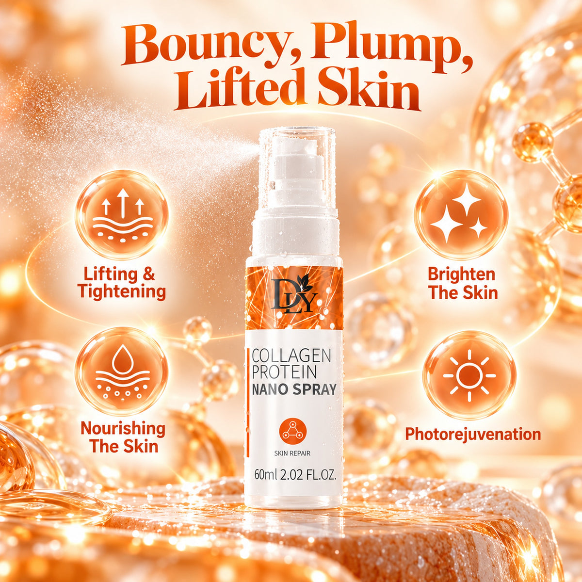 Bouncy, plump, lifted-looking skin: lifting and tightening, brightens, nourishes, photorejuvenation