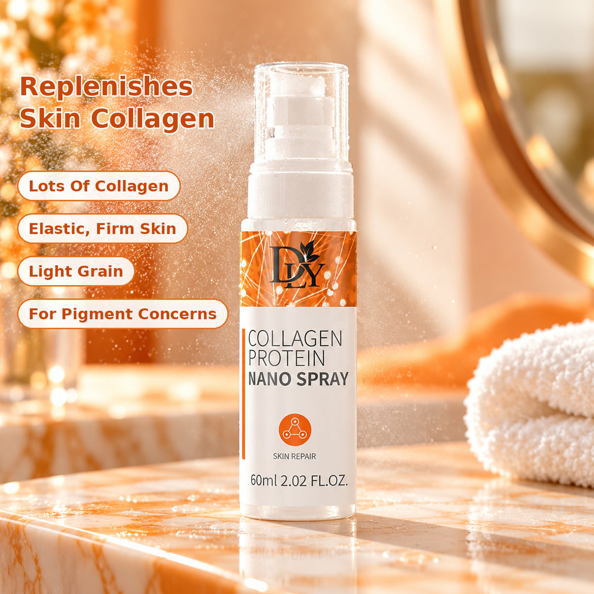 Collagen nano spray replenishes skin collagen – lots of collagen, elastic firm skin, light grain, for pigment concerns