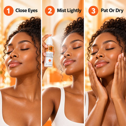 How to use the collagen face mist in 3 steps: close eyes, mist lightly, pat or let dry