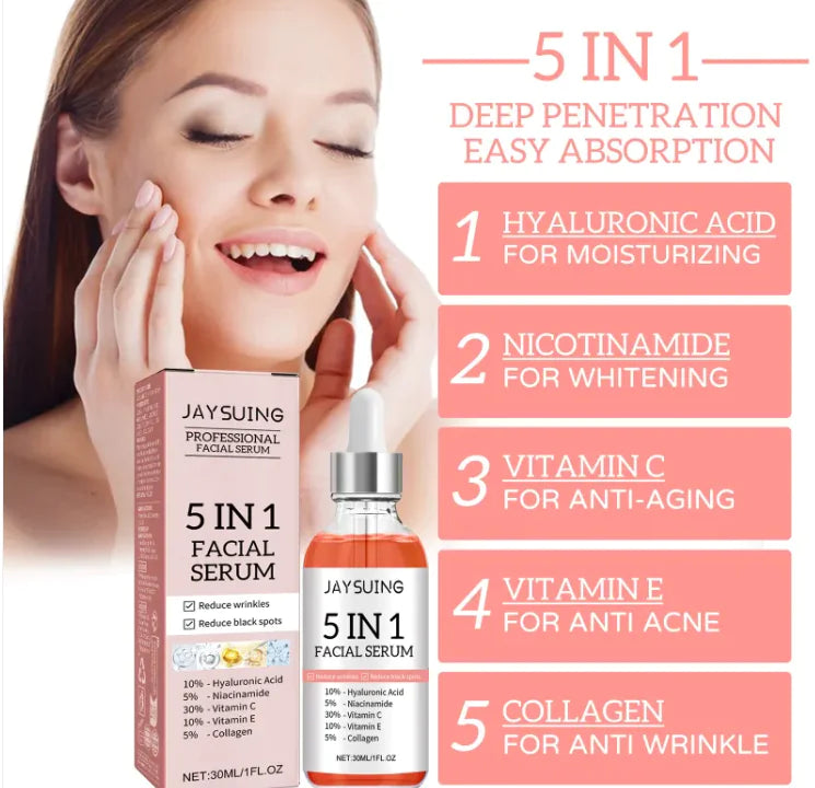 5-in-1 Anti-Aging Brightening Face Serum – HA, Niacinamide & Vitamin C Formula, 30ml