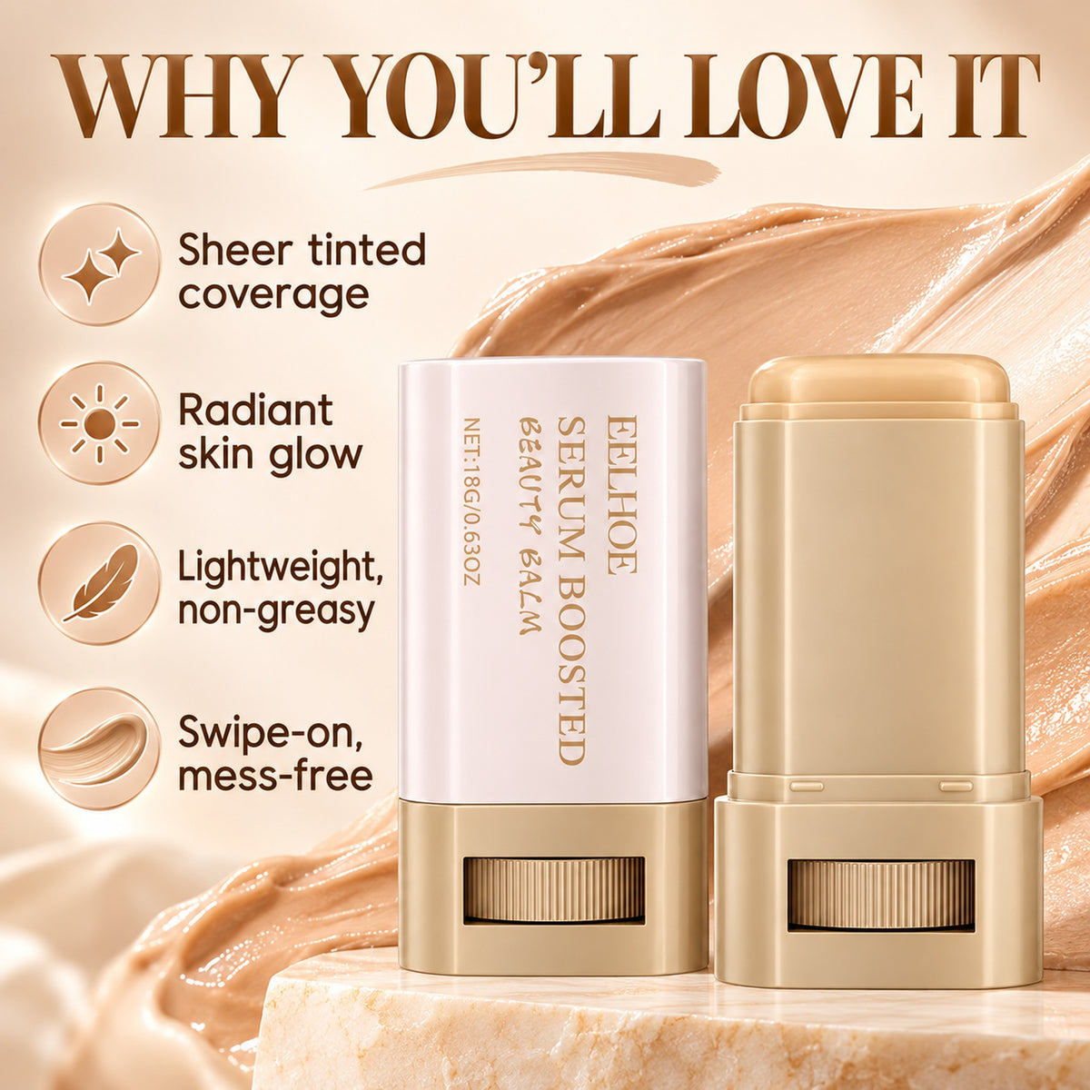 EELHOE beauty balm stick benefits: sheer tinted coverage, radiant skin glow, lightweight non-greasy, swipe-on mess-free
