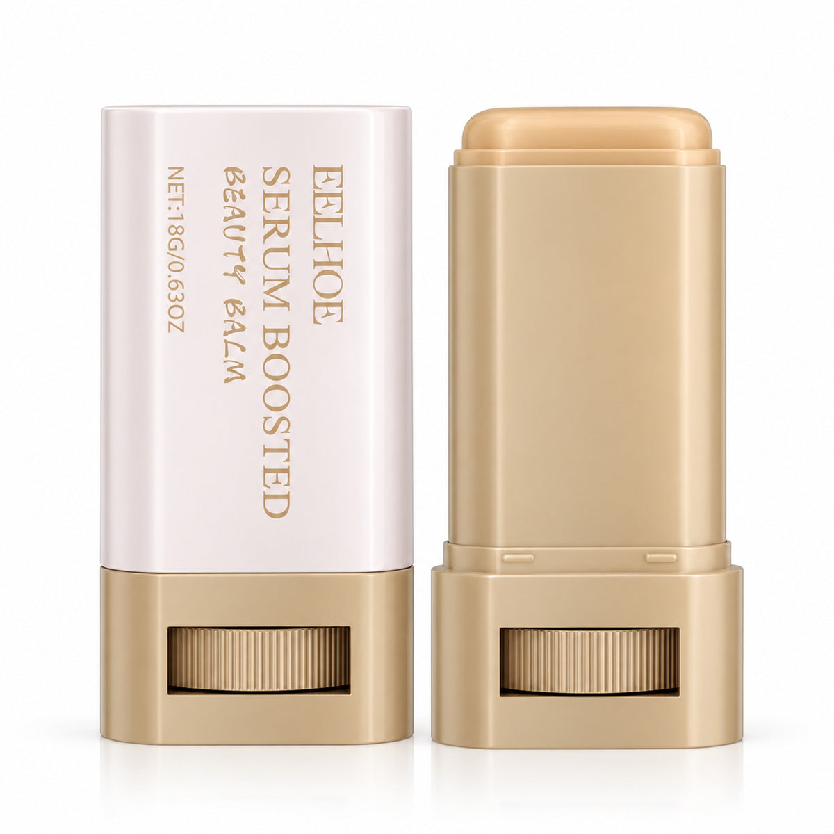 EELHOE Serum Boosted Beauty Balm stick, capped and uncapped, on a white background