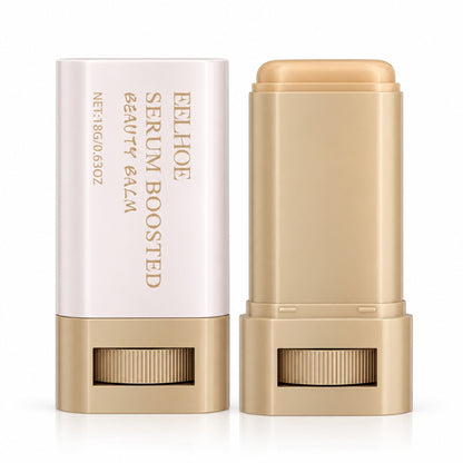 EELHOE Serum Boosted Beauty Balm stick, capped and uncapped, on a white background