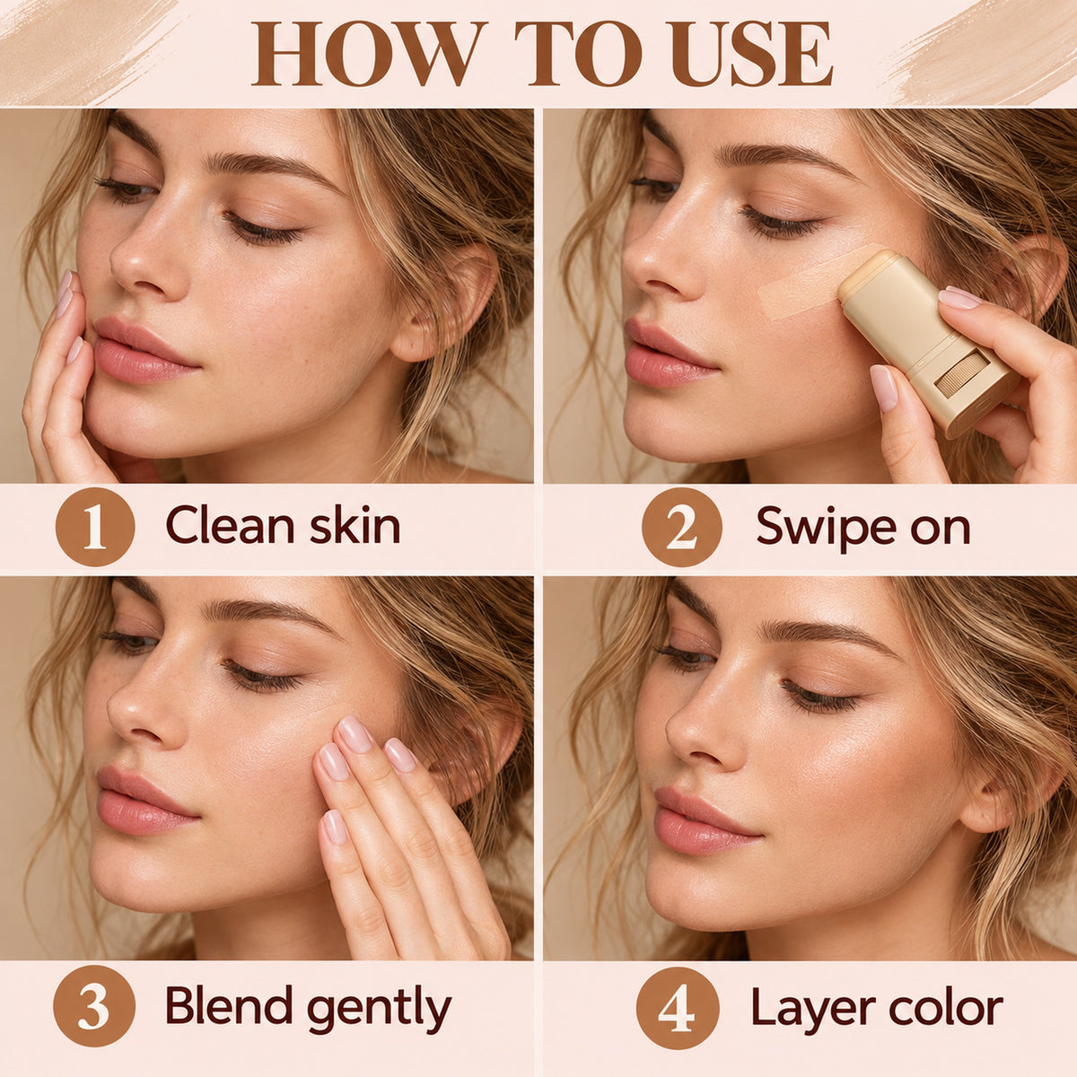 How to use the EELHOE beauty balm stick: clean skin, swipe on, blend gently, layer colour