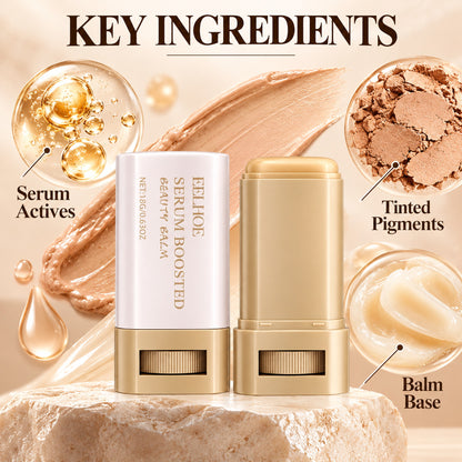 Key ingredients of the EELHOE serum boosted beauty balm: serum actives, tinted pigments and balm base