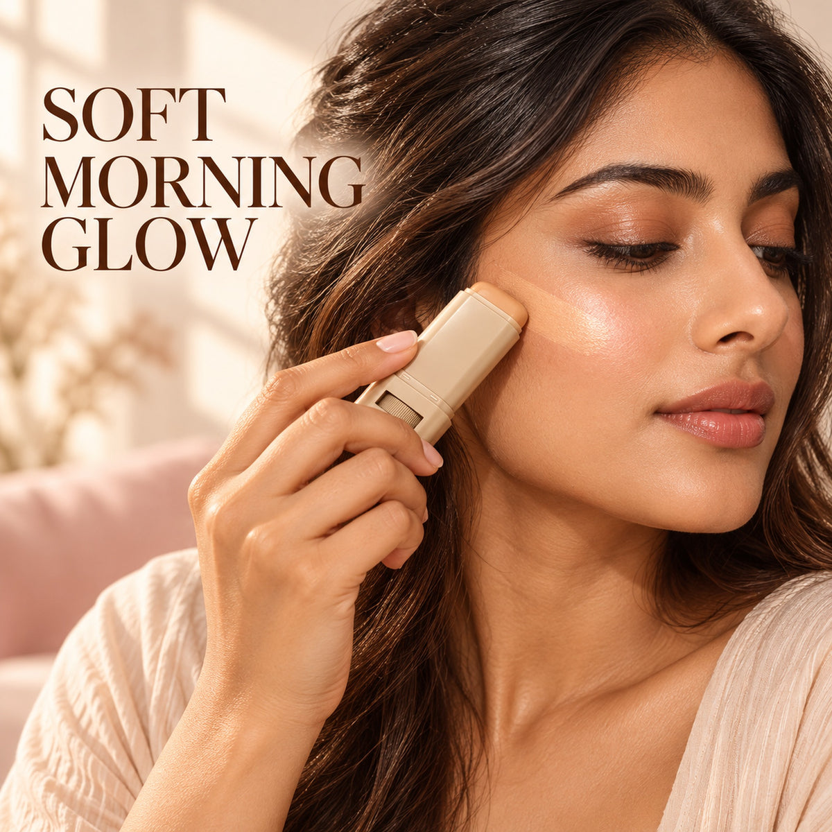 Woman swiping the EELHOE tinted beauty balm stick on her cheekbone for a soft morning glow