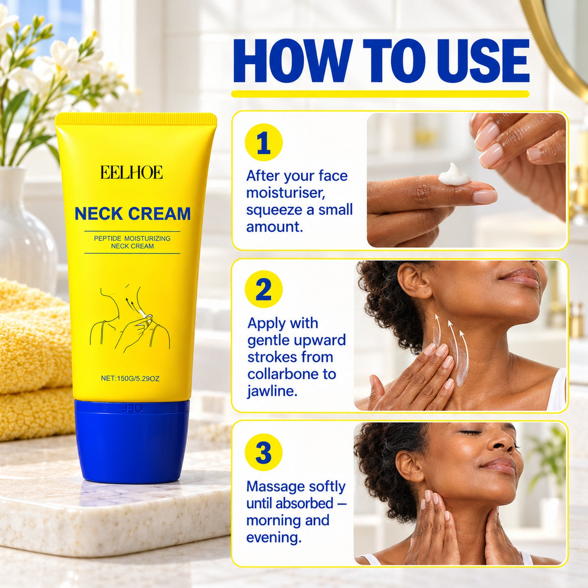 How to apply neck cream in 3 steps with upward strokes from collarbone to jawline