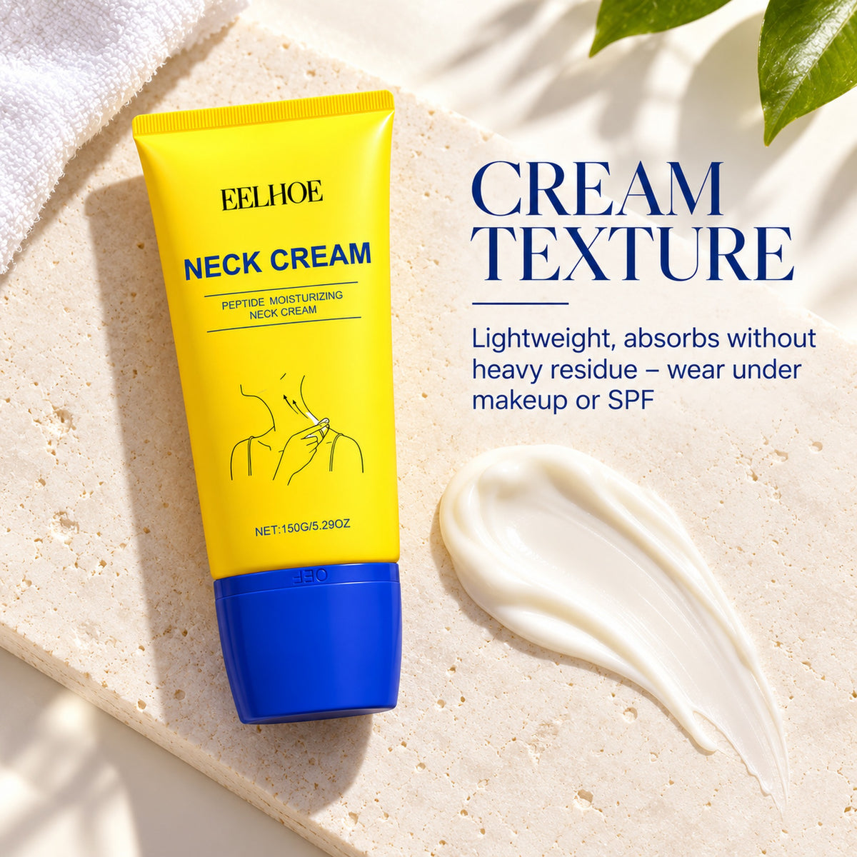 Lightweight neck cream texture swatch beside the EELHOE tube