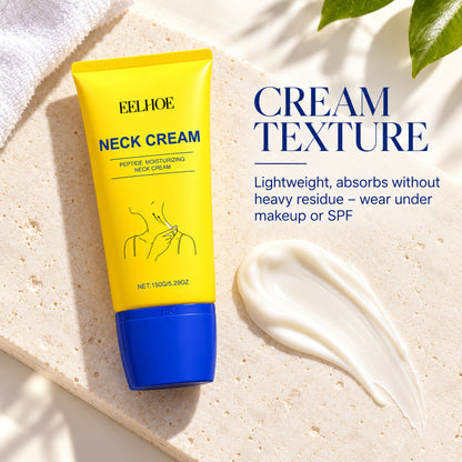 Lightweight neck cream texture swatch beside the EELHOE tube