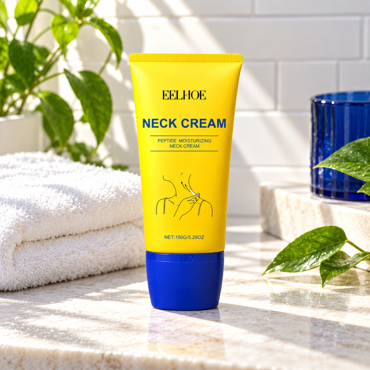 EELHOE neck cream tube on a sunny bathroom counter with towel and leaves