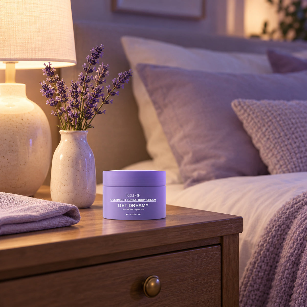 EELHOE overnight body cream jar on a bedside table at dusk