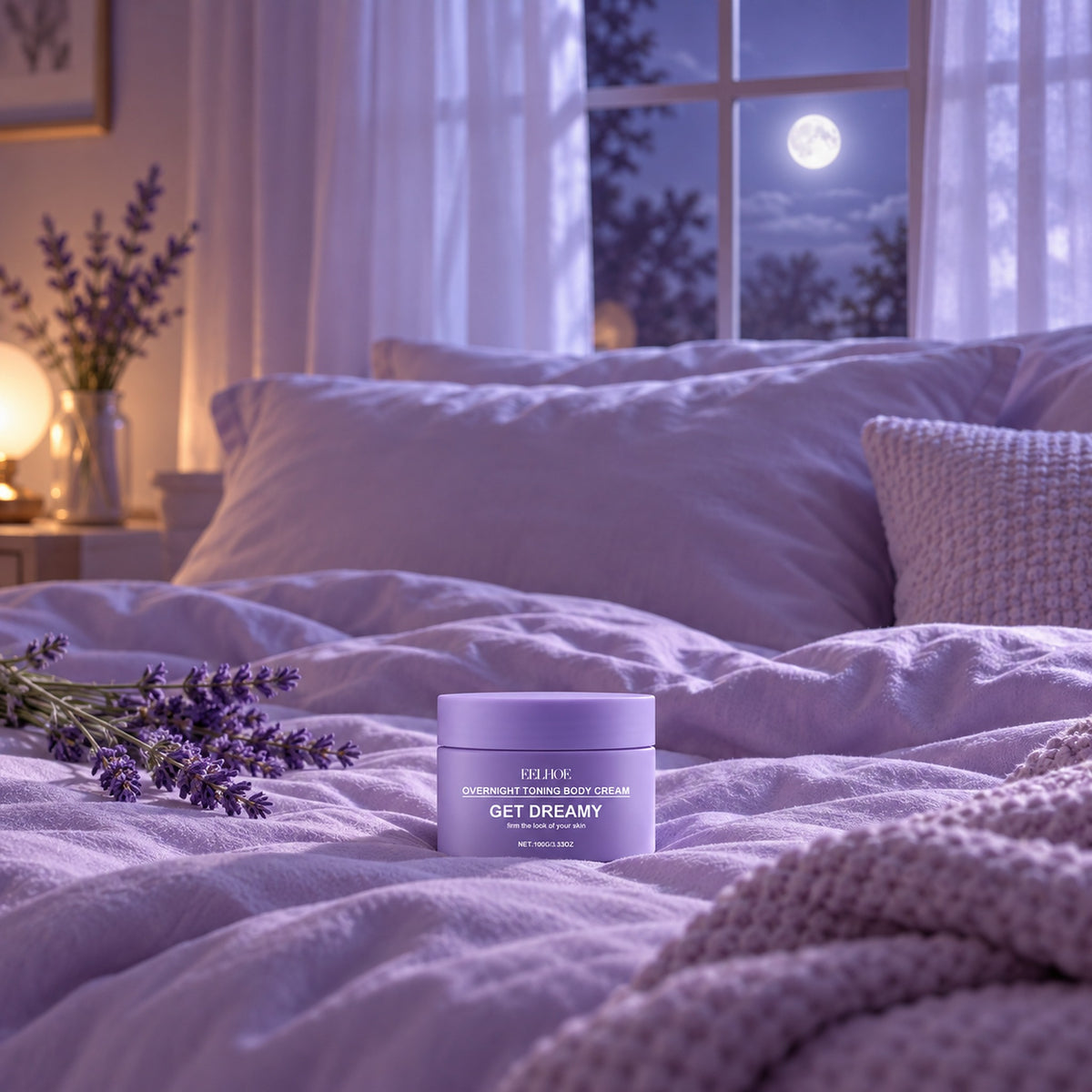 EELHOE Get Dreamy body cream jar on soft bedding under moonlight