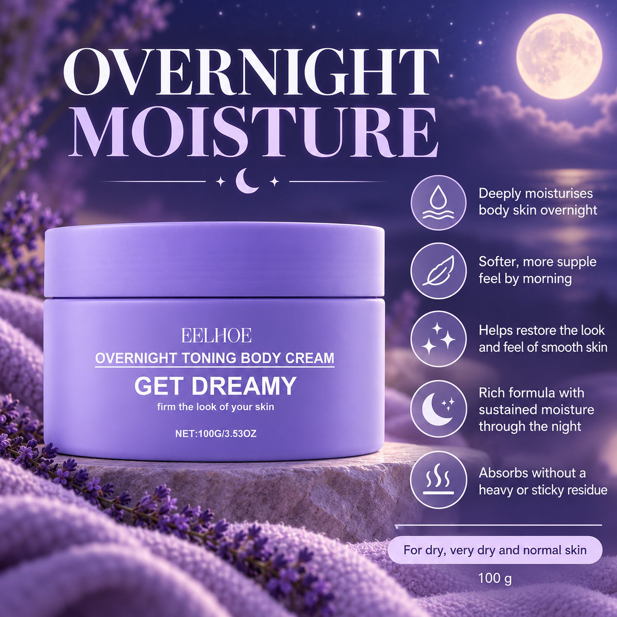Overnight moisture benefits: softer, more supple skin by morning without a sticky residue