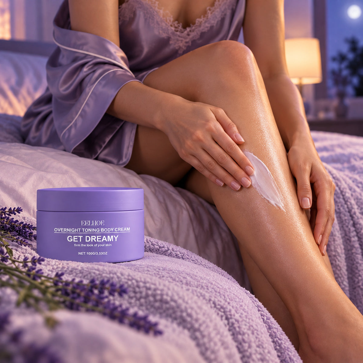 Applying the overnight body cream to the legs before bed