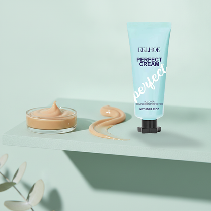EELEHOE Perfect Cream — styled on a mint stone shelf with the tinted cream in a glass dish