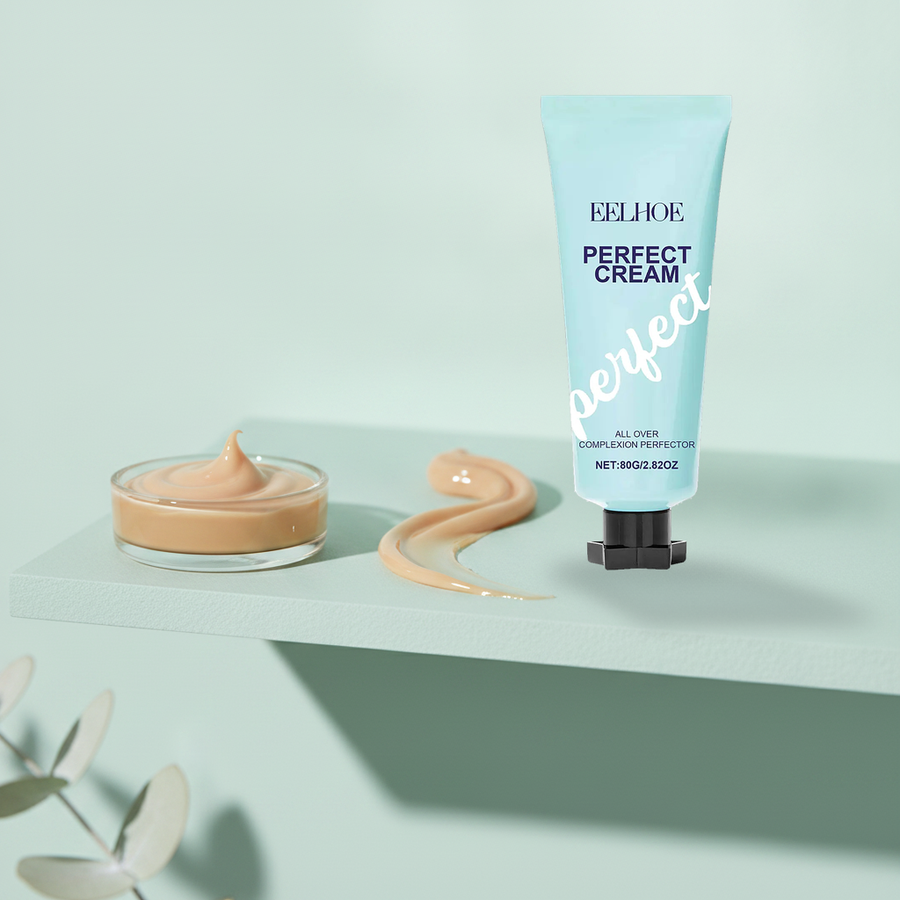 EELEHOE Perfect Cream — styled on a mint stone shelf with the tinted cream in a glass dish