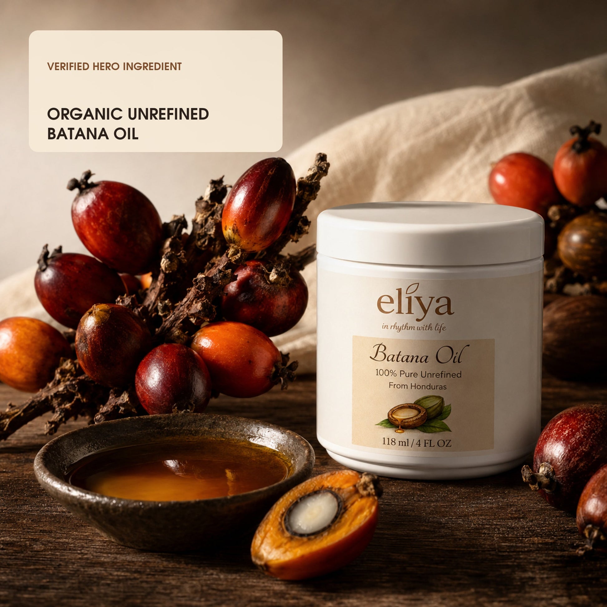 Eliya Batana Oil with clearly named organic unrefined batana oil and source fruit