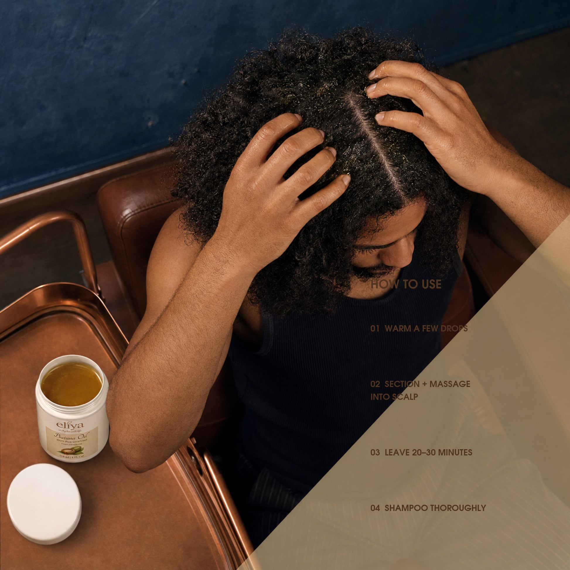 How to use Eliya Batana Oil: warm, section, massage, leave 20–30 minutes and shampoo