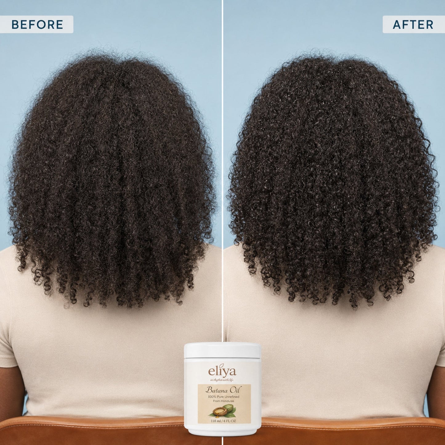 Eliya Batana Oil conservative before-and-after with matched coily hair length and density