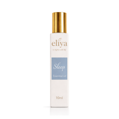 eliya Sleep Essential Oil roller, 10ml, white bottle with a gold cap on a plain white background