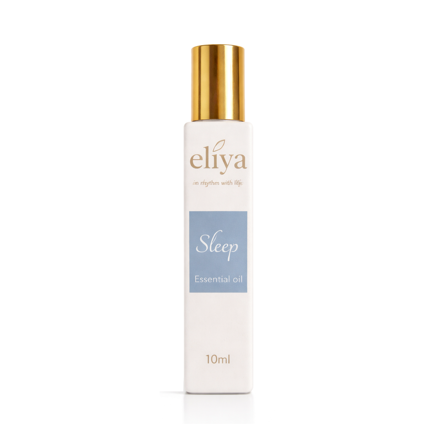 eliya Sleep Essential Oil roller, 10ml, white bottle with a gold cap on a plain white background