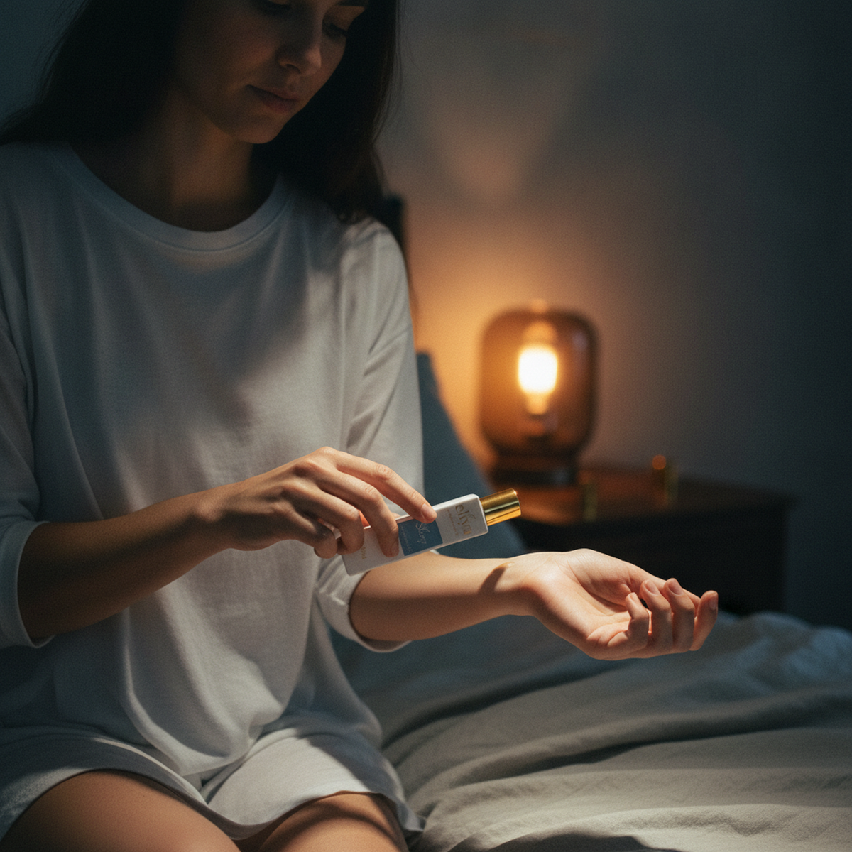 Woman sitting on the edge of her bed at night rolling the eliya Sleep oil along her inner wrist, with the cap removed on the nightstand beside her