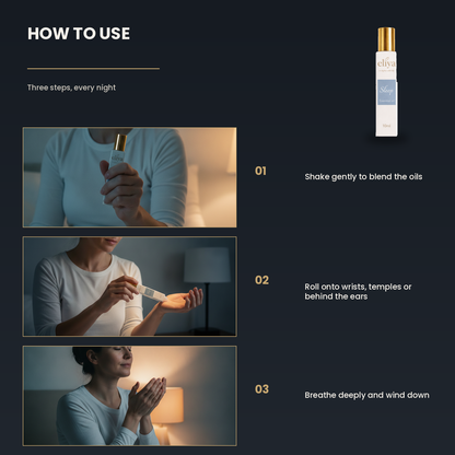 How to use the eliya Sleep roller in three steps: shake gently to blend the oils, roll onto wrists, temples or behind the ears, then breathe deeply and wind down